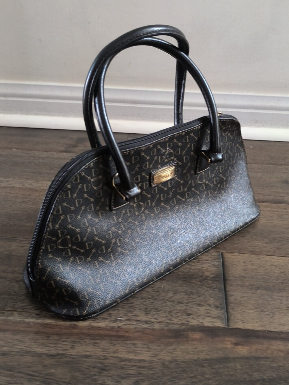 Vintage Black Patterned Structured Shoulder Bag Monogram with Gold Hardware